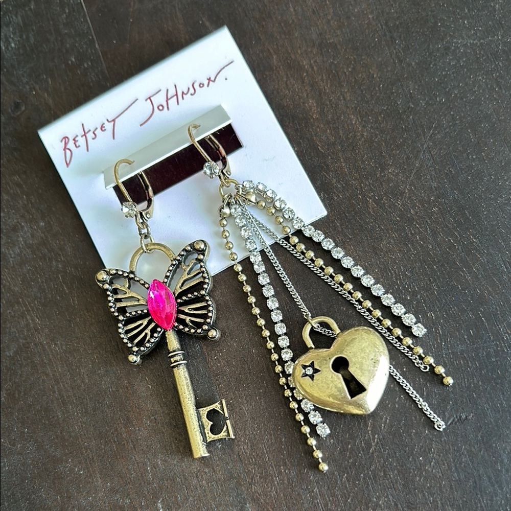 Betsey Johnson Gold Key and Heart Earrings